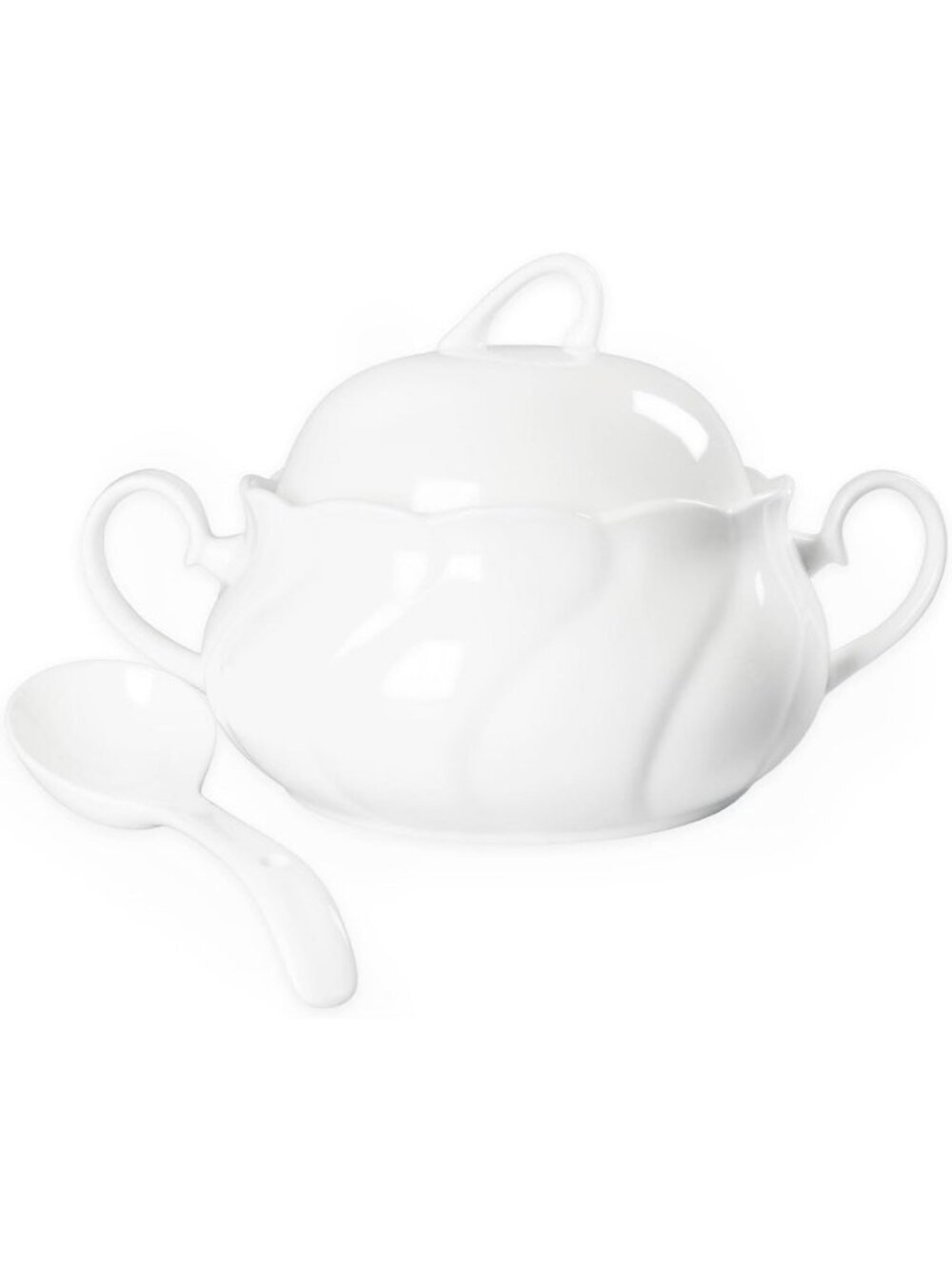 Elegant White Ceramic Soup Tureen with Lid & Spoon - 2.1 QT Casserole Dish for